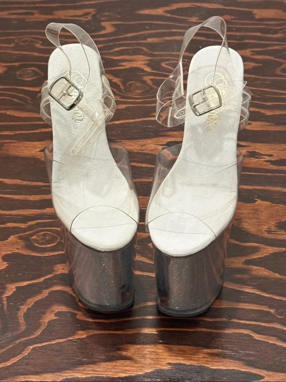 Pleasers 8” Clear Strap Silver Glitter Platform Heels